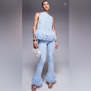 Denim pearl  Embellished bow back and faux feather hem in light blue - SET